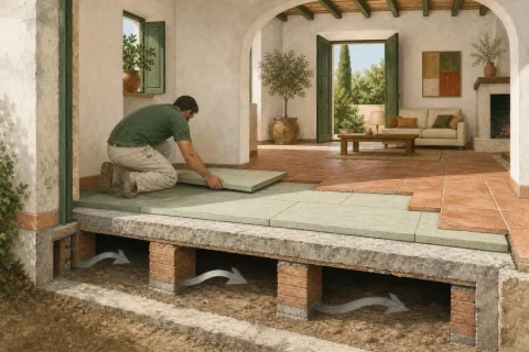 Corte de una planta baja con planchas de aislante colocadas sobre la solera antigua bajo el suelo nuevo y una cámara ventilada debajo