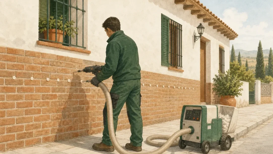 Técnico taladrando la junta de una fachada de ladrillo junto a una máquina de insuflado, con una fila de taladros ya tapados