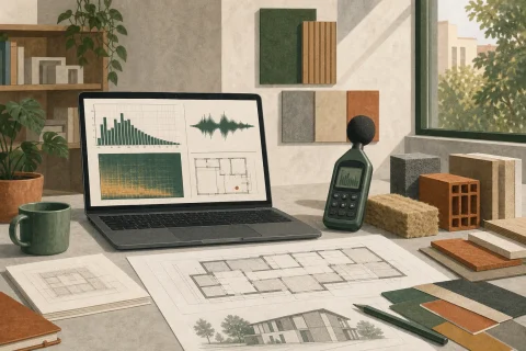 Mesa de trabajo con un portátil mostrando gráficos acústicos, planos y un sonómetro