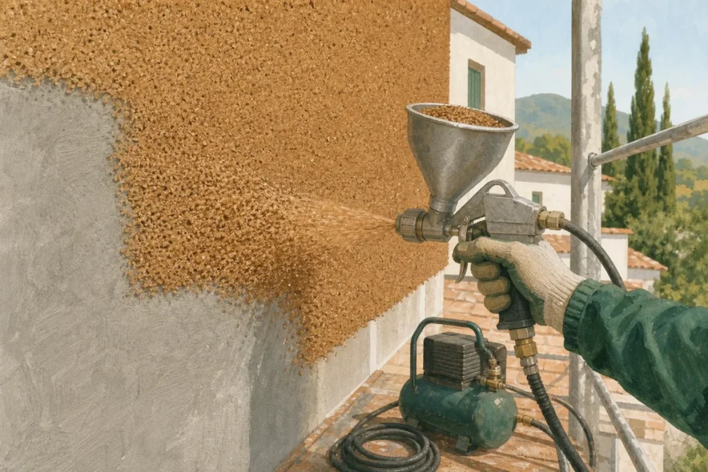 Pistola proyectando corcho granulado sobre una pared enfoscada, con la textura del acabado a la vista