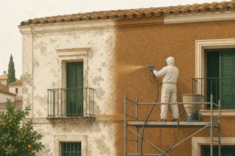 Operario proyectando corcho granulado sobre la fachada de una casa desde un andamio, con media pared ya cubierta