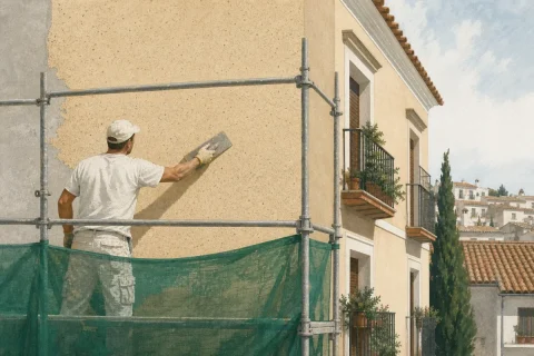 Fachada de un bloque de pisos recién revestida con mortero monocapa color arena, con andamio y un operario alisando con llana