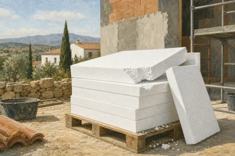 Planchas blancas de poliestireno expandido apiladas en una obra, una rota mostrando las perlas