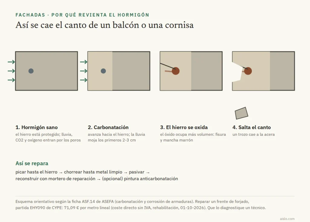 Esquema en cuatro pasos de cómo la carbonatación y el óxido de la armadura revientan el canto de hormigón de un balcón, y cómo se repara