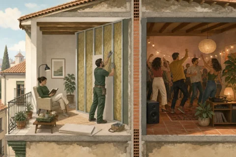 Operario montando un trasdosado de perfiles metálicos con lana mineral contra la pared que separa dos pisos