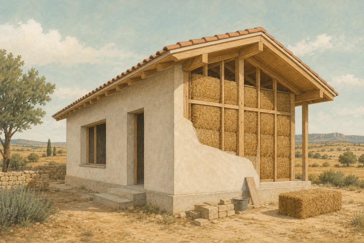 Casa de balas de paja en construcción