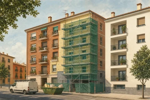 Bloque de pisos de ladrillo con andamio mientras se aísla su fachada, junto a otro edificio ya terminado con revoco claro