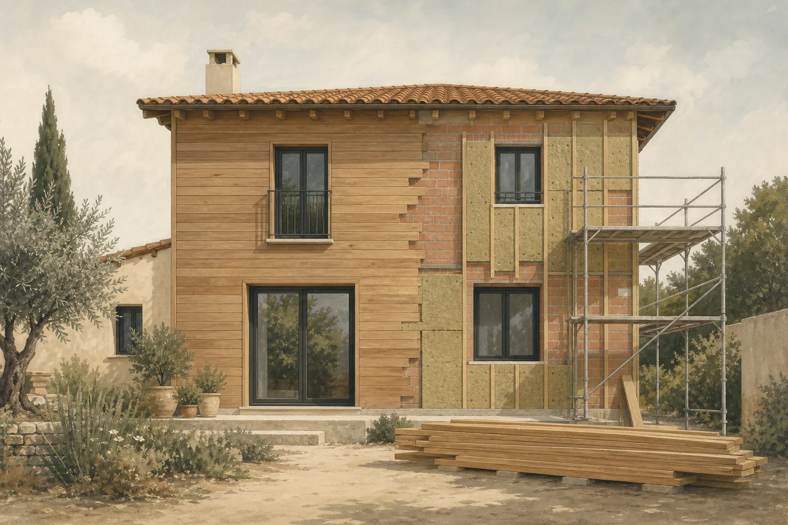 Casa de dos plantas en obra: media fachada ya revestida con lamas de madera y la otra mitad con el aislante y los rastreles a la vista