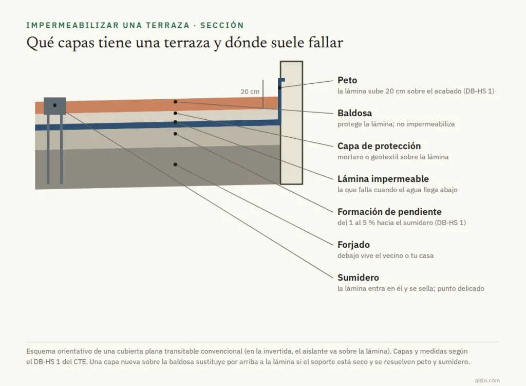 Sección de una terraza con sus capas: baldosa, capa de protección, lámina impermeable, formación de pendiente y forjado, con la lámina subiendo 20 centímetros por el peto y el sumidero