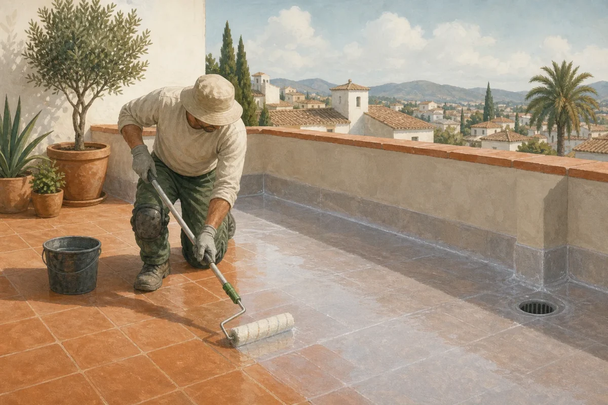 Operario de rodillas extendiendo una resina impermeable transparente sobre la baldosa de una terraza, con el sumidero y el peto al fondo