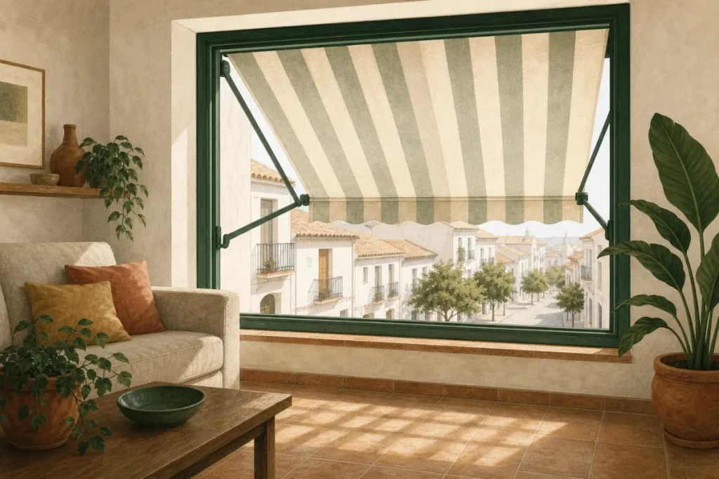 Salón fresco visto desde dentro con un toldo exterior bajado que da sombra a la ventana
