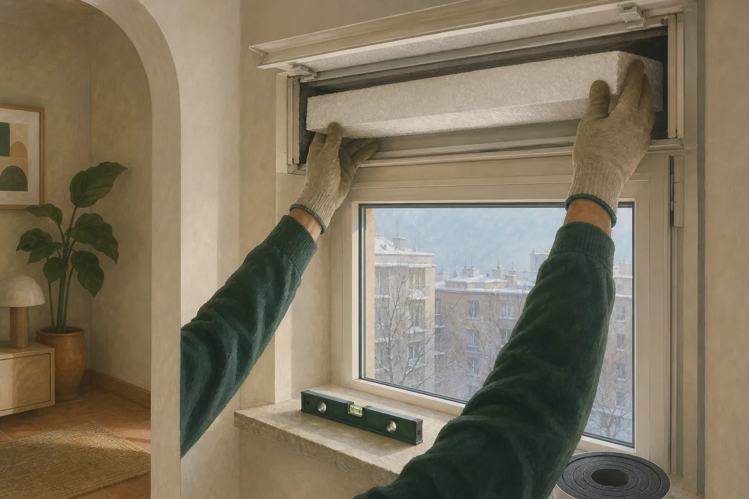 Manos con guantes colocando un panel aislante dentro del cajón de una persiana, con la tapa abierta, sobre una ventana en invierno