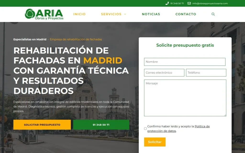 Portada de la web de Obras y Proyectos Aria