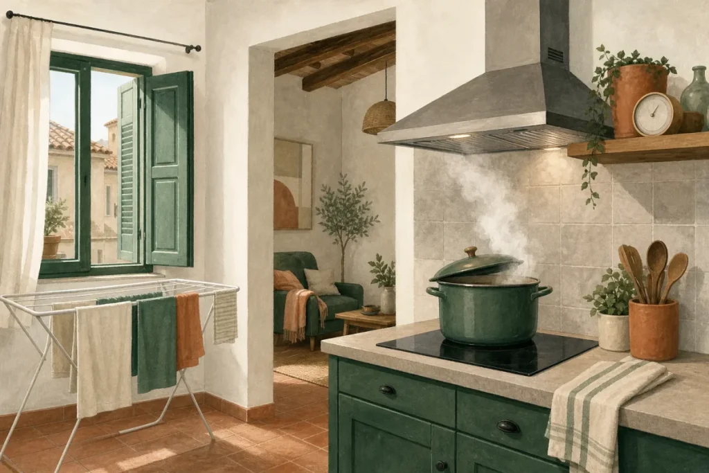 Cocina de un piso con una olla humeante bajo la campana encendida y ropa tendida en un tendedero junto a una ventana abierta