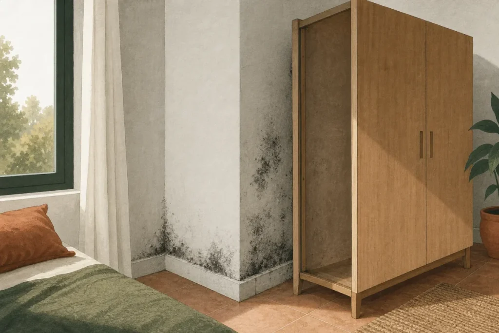 Esquina de un dormitorio con manchas de moho en la pared y el rodapié, detrás de un armario separado de la pared