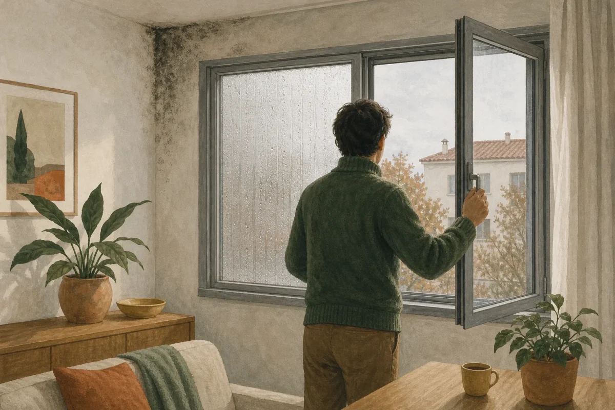 Salón de un piso en una mañana fría: el cristal de la ventana lleno de gotas por dentro, una mancha de moho en la esquina del techo y una persona abriendo la ventana para ventilar